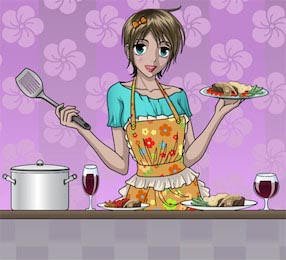 Девушка из анимэ готовит вкусную еду на кухне